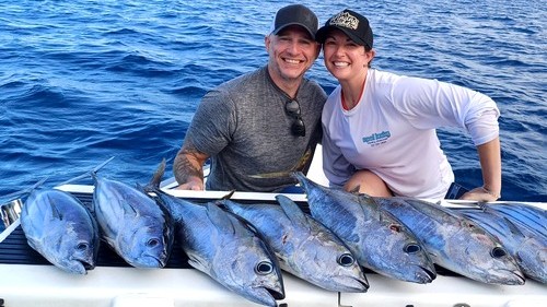 Tuna caught trolling, lined up on the boat deck