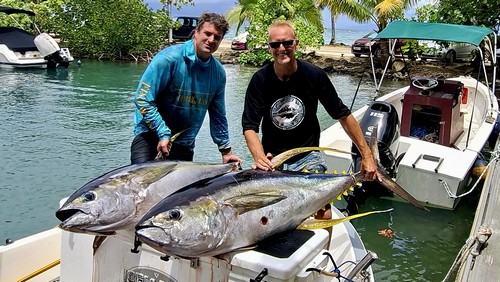 Deux thons jaunes pêchés en profondeur, de retour à la marina de Vaiare